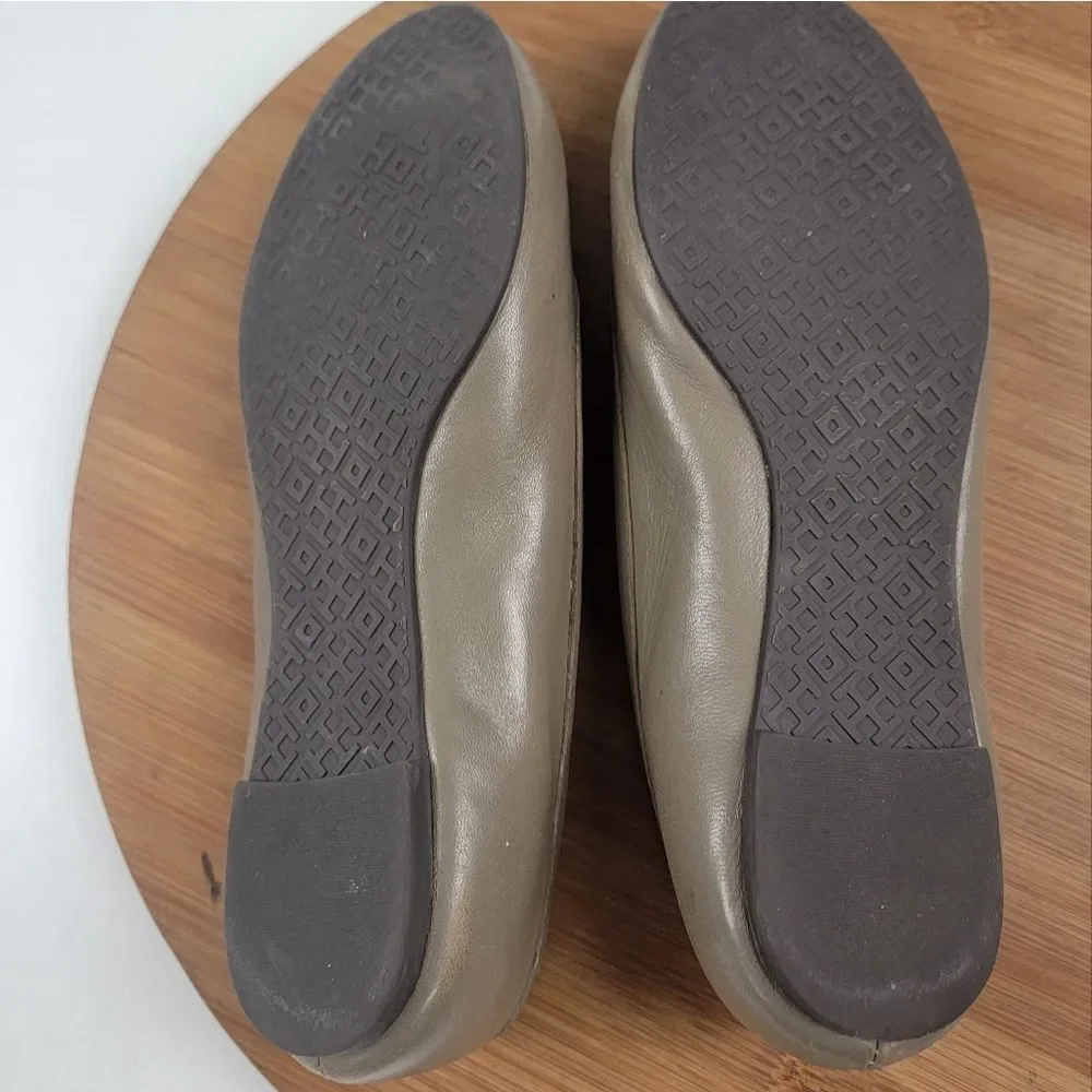 Tory Burch Taupe Leather Logo Ballet Flats